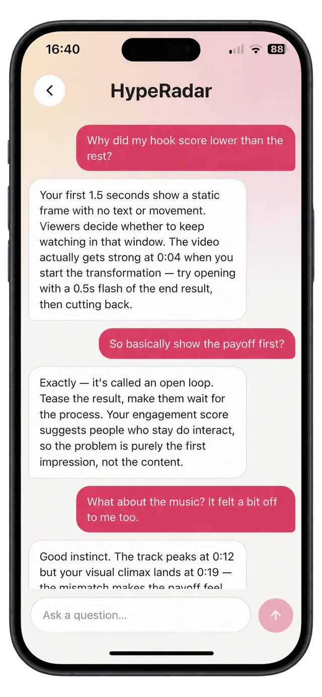 HypeRadar chat: the AI explains that the first 1.5 seconds show a static frame and suggests opening with a flash of the end result.
